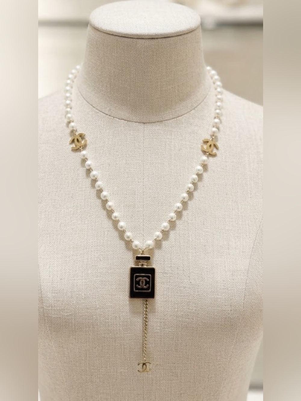 Brand New !  White Pearl Necklace with Gold CC Accents and Black Pendant
